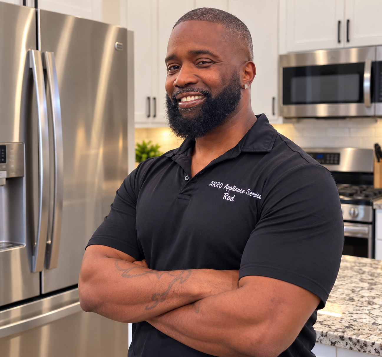 Roderick Anthony, lead technician of ARRQ Appliance Repair, standing in a kitchen beside a refrigerator and wearing a black ARRQ Appliance Service polo shirt.